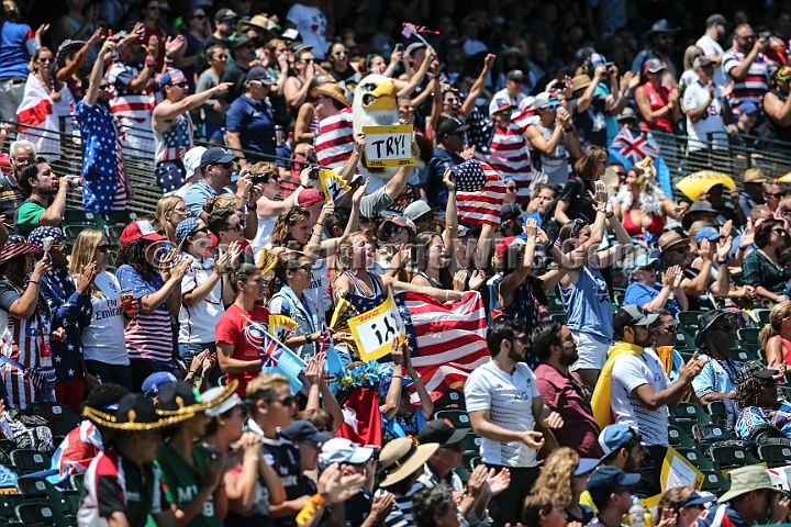 2018RugbySevensFri-24.JPG - United States fans react after a try against China in the women's first round at the 2018 Rugby World Cup Sevens, July 20-22, 2018, held at AT&T Park, San Francisco, CA. The United States defeated China 38-7.